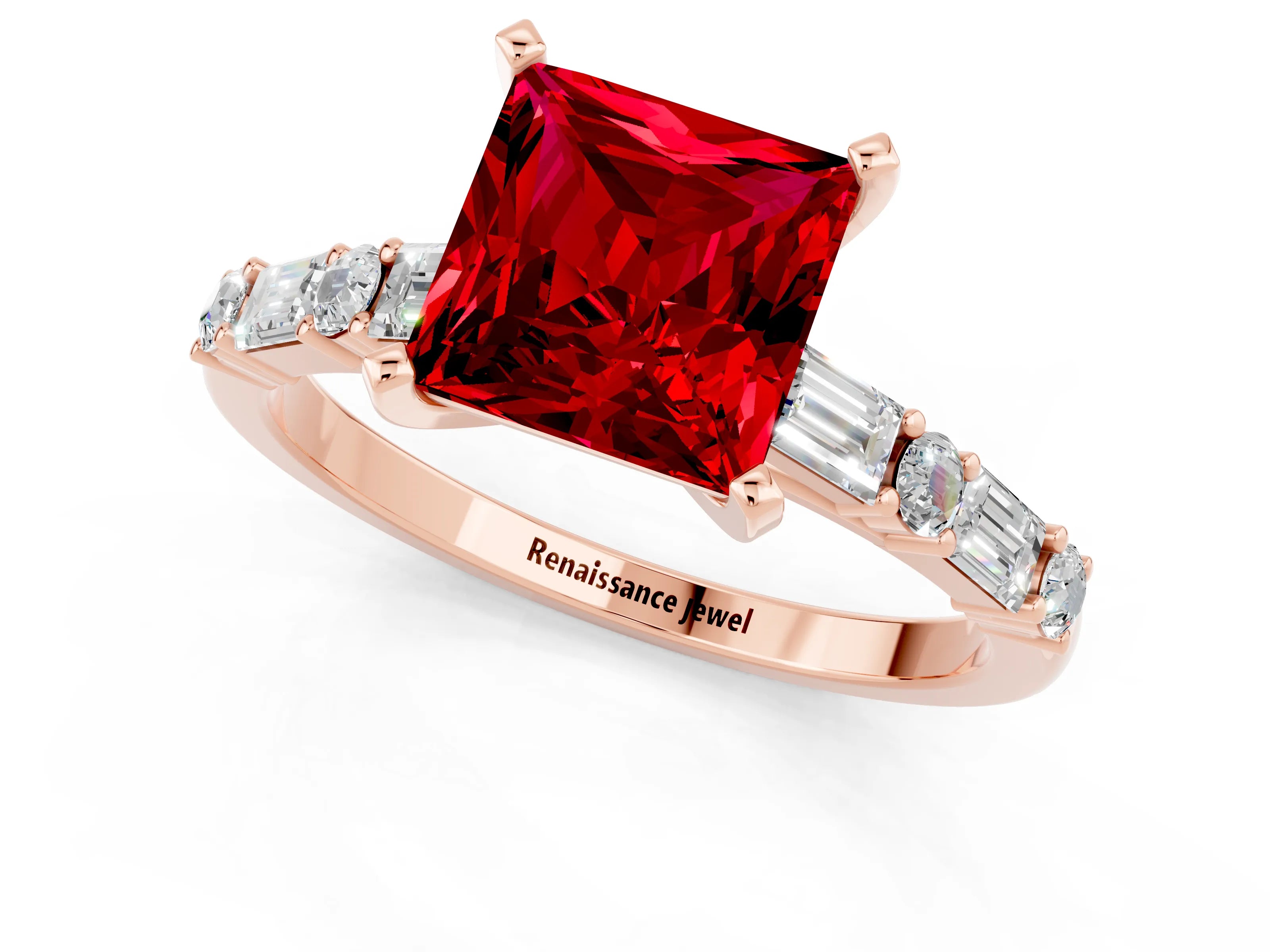 Rose gold Princess Cut Ruby Solitaire with Side Baguettes and Channel Set Band_1