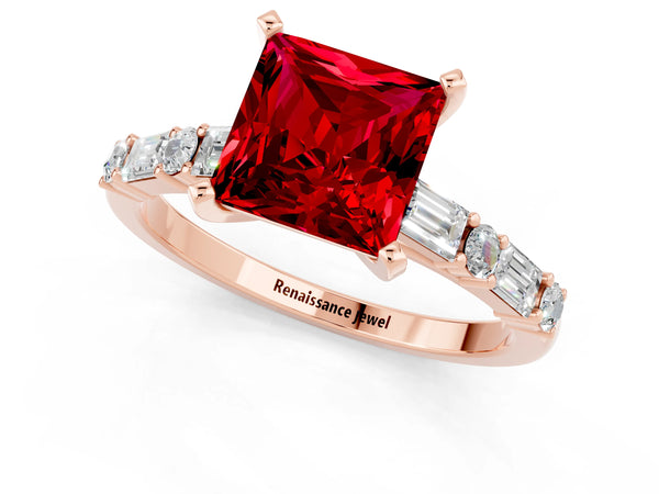Rose gold Princess Cut Ruby Solitaire with Side Baguettes and Channel Set Band