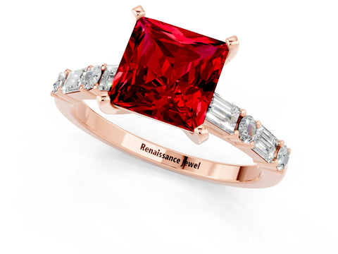 Rose gold Princess Cut Ruby Solitaire with Side Baguettes and Channel Set Band_1