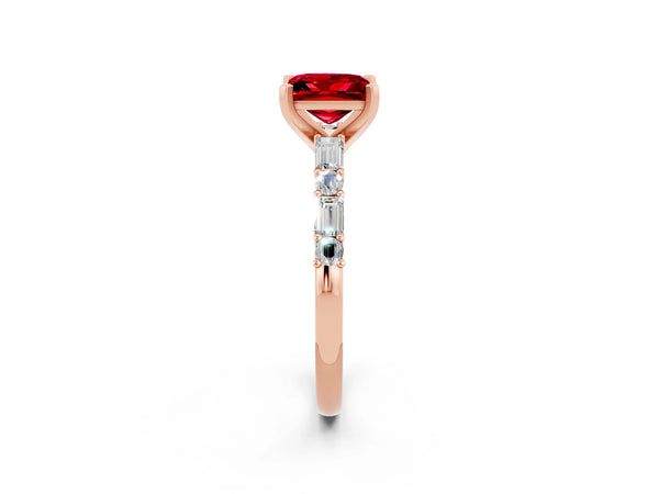 Rose gold Princess Cut Ruby Solitaire with Side Baguettes and Channel Set Band