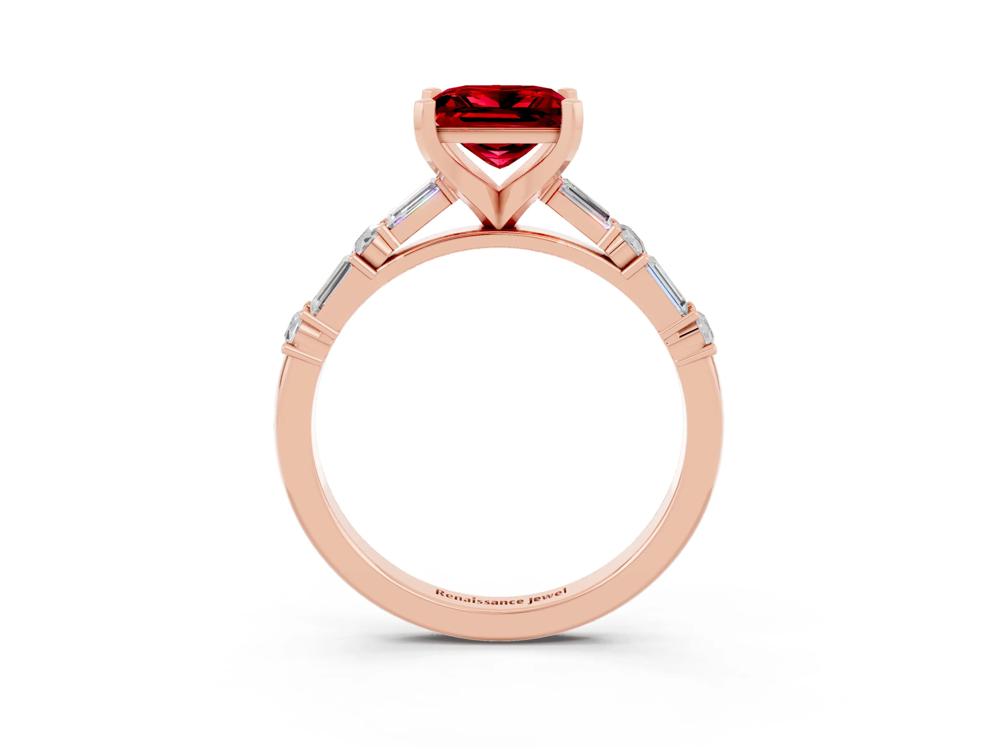 Rose gold Princess Cut Ruby Solitaire with Side Baguettes and Channel Set Band_3