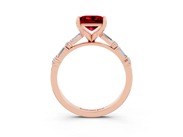 Rose gold Princess Cut Ruby Solitaire with Side Baguettes and Channel Set Band