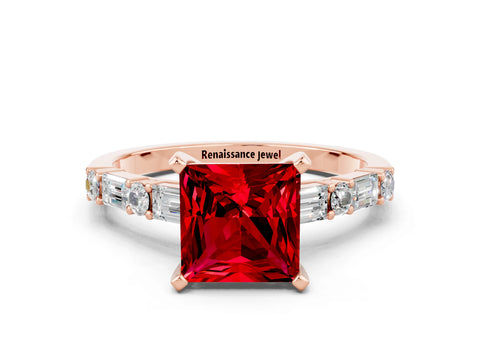 Rose gold Princess Cut Ruby Solitaire with Side Baguettes and Channel Set Band