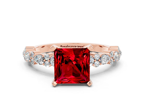 Rose gold Princess Cut Ruby Side Stone Solitaire Ring with Round  and Four-Prong Setting