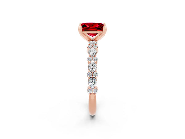 Rose gold Princess Cut Ruby Side Stone Solitaire Ring with Round  and Four-Prong Setting