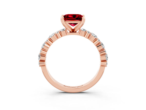 Rose gold Princess Cut Ruby Side Stone Solitaire Ring with Round  and Four-Prong Setting