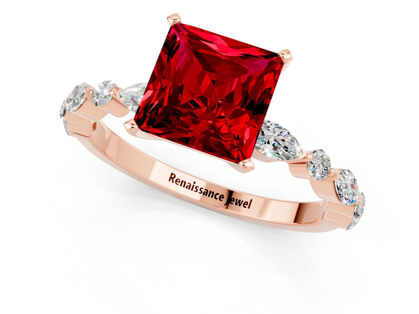 Rose gold Princess Cut Ruby Ring with Marquise and Round  Side Stones and Four-Prong Setting
