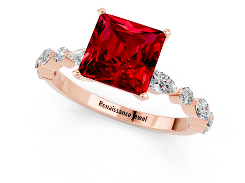 Rose gold Princess Cut Ruby Solitaire with Side Stones on a Pavé Band and Four-Prong Setting_1