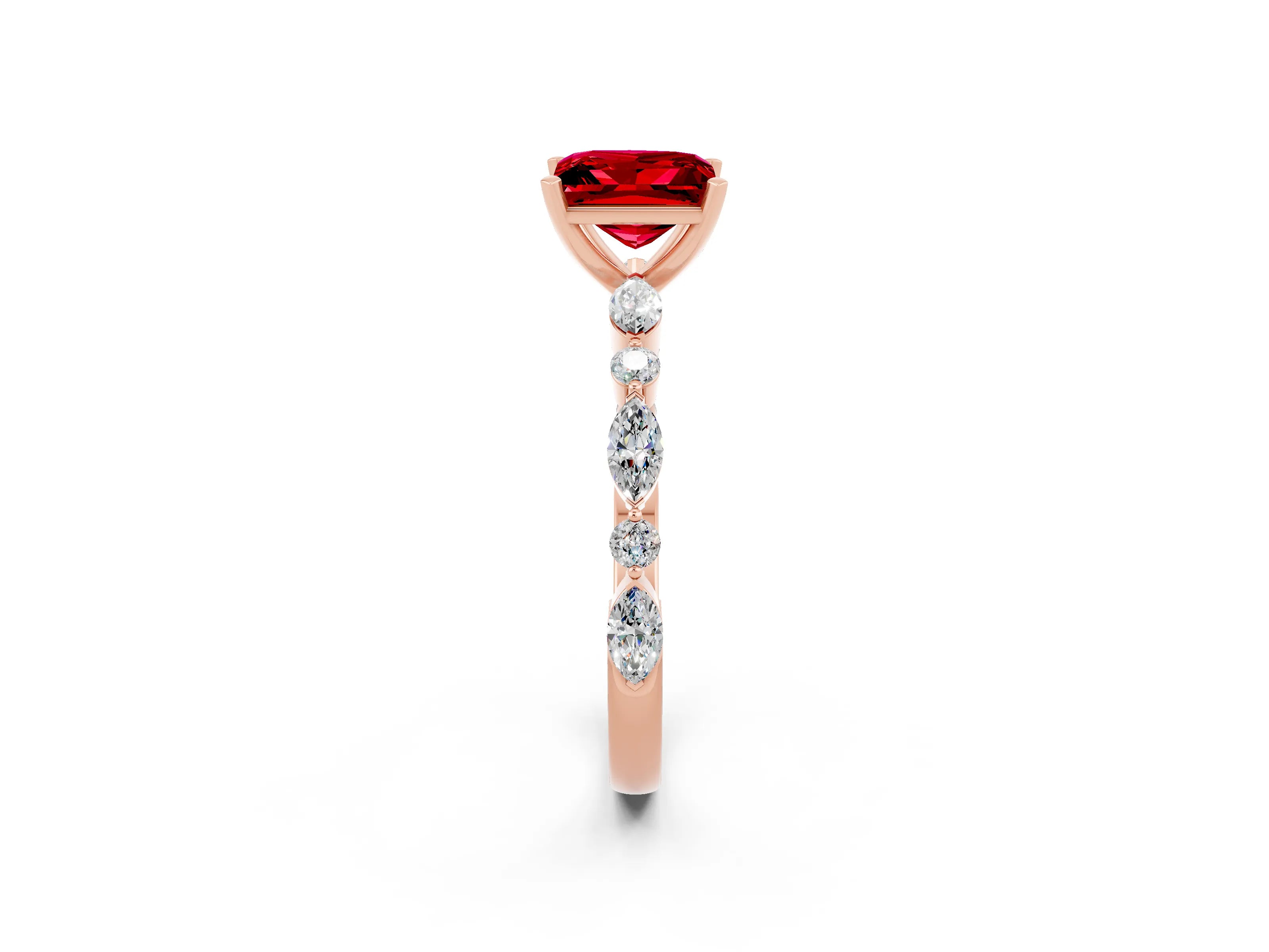 Rose gold Princess Cut Ruby Solitaire with Side Stones on a Pavé Band and Four-Prong Setting_2