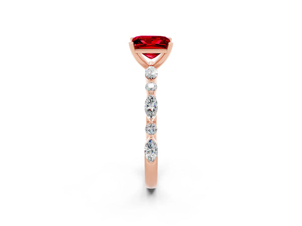 Rose gold Princess Cut Ruby Ring with Marquise and Round  Side Stones and Four-Prong Setting