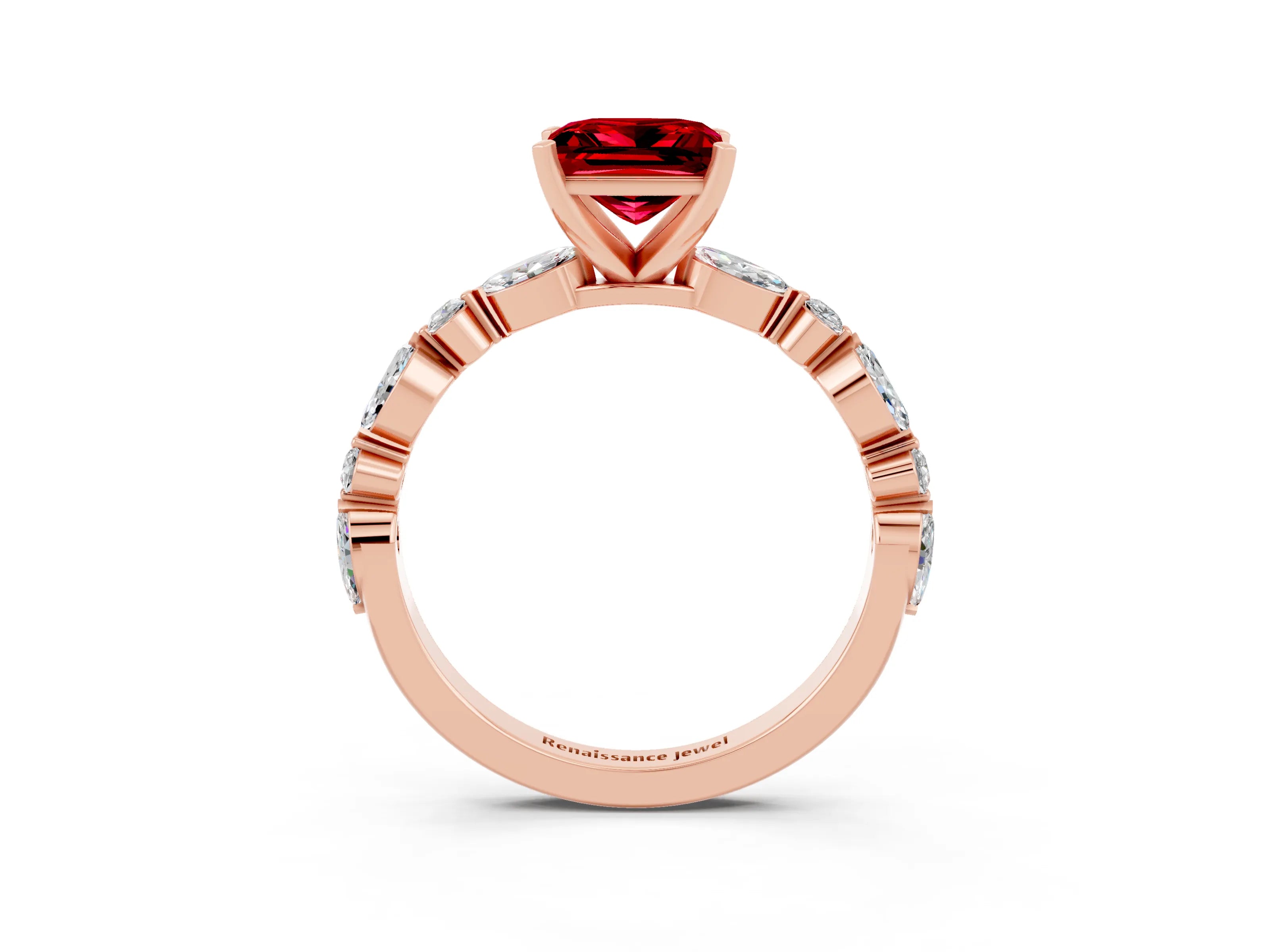 Rose gold Princess Cut Ruby Solitaire with Side Stones on a Pavé Band and Four-Prong Setting_3