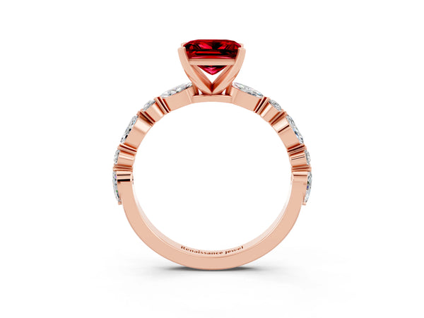 Rose gold Princess Cut Ruby Ring with Marquise and Round  Side Stones and Four-Prong Setting