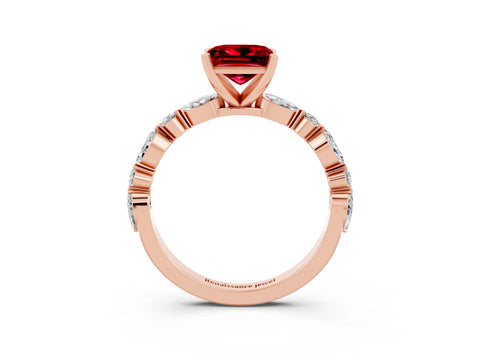 Rose gold Princess Cut Ruby Solitaire with Side Stones on a Pavé Band and Four-Prong Setting_3