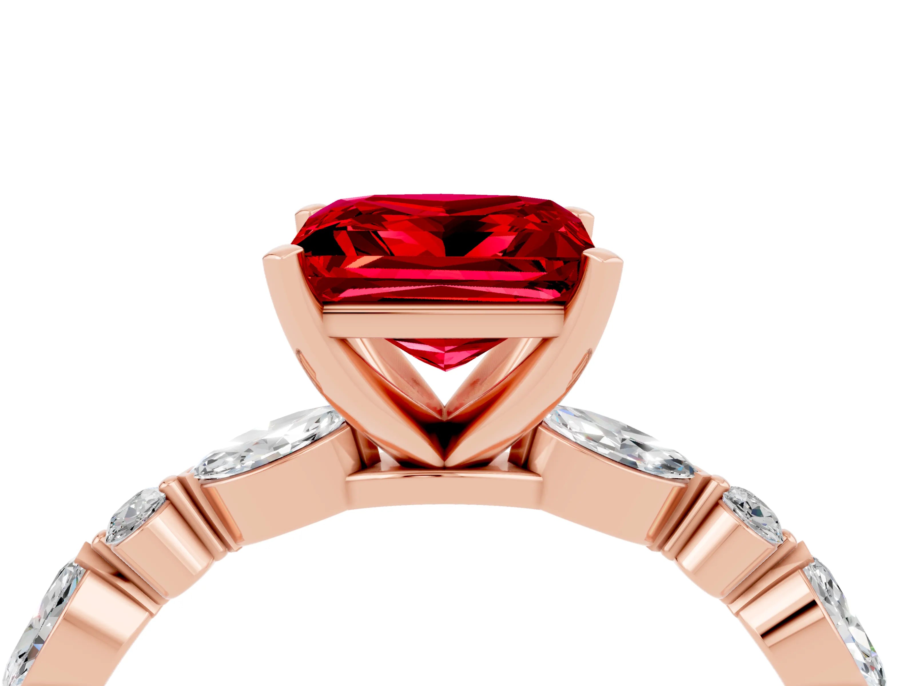 Rose gold Princess Cut Ruby Solitaire with Side Stones on a Pavé Band and Four-Prong Setting_4