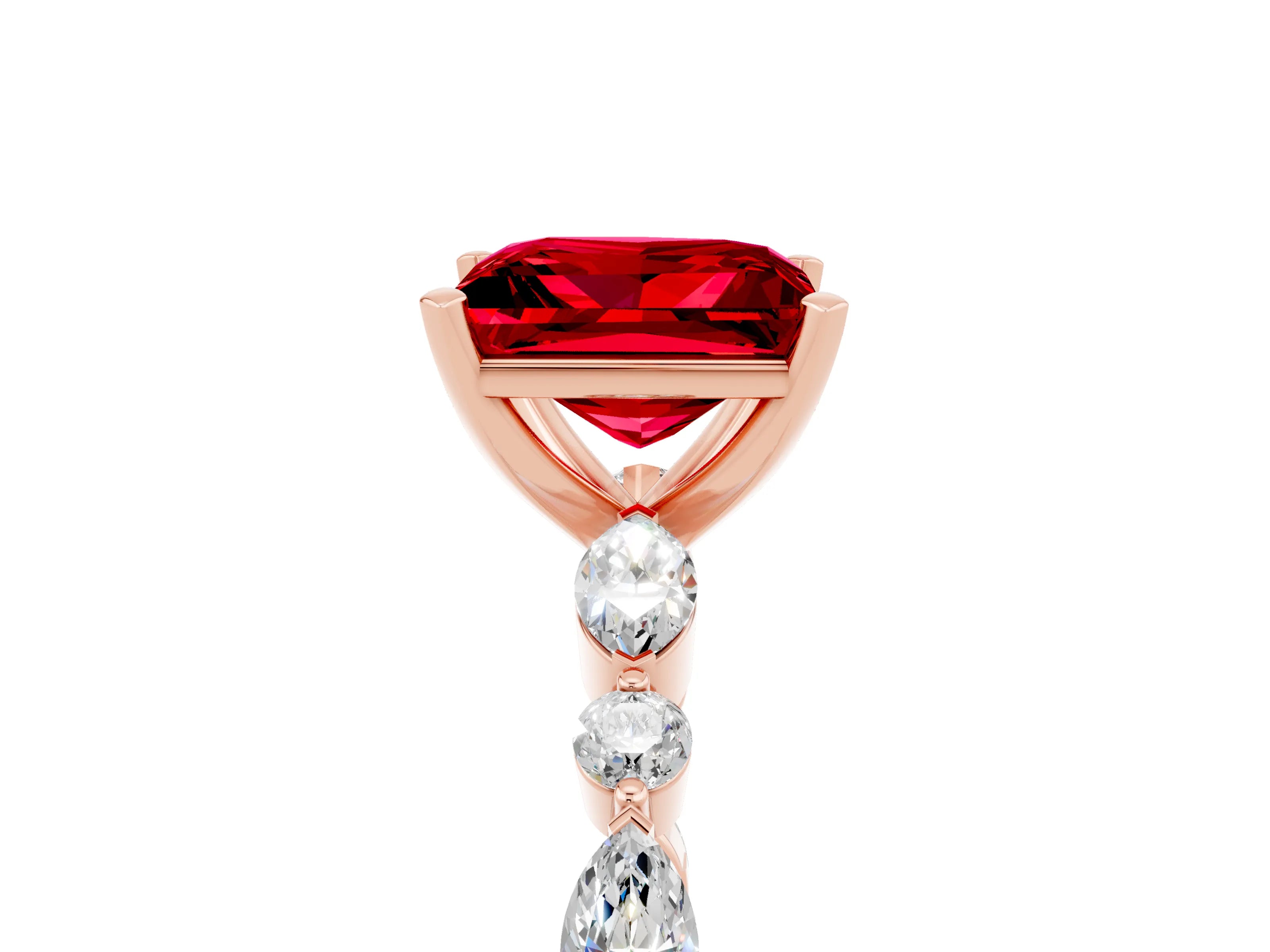 Rose gold Princess Cut Ruby Solitaire with Side Stones on a Pavé Band and Four-Prong Setting_5