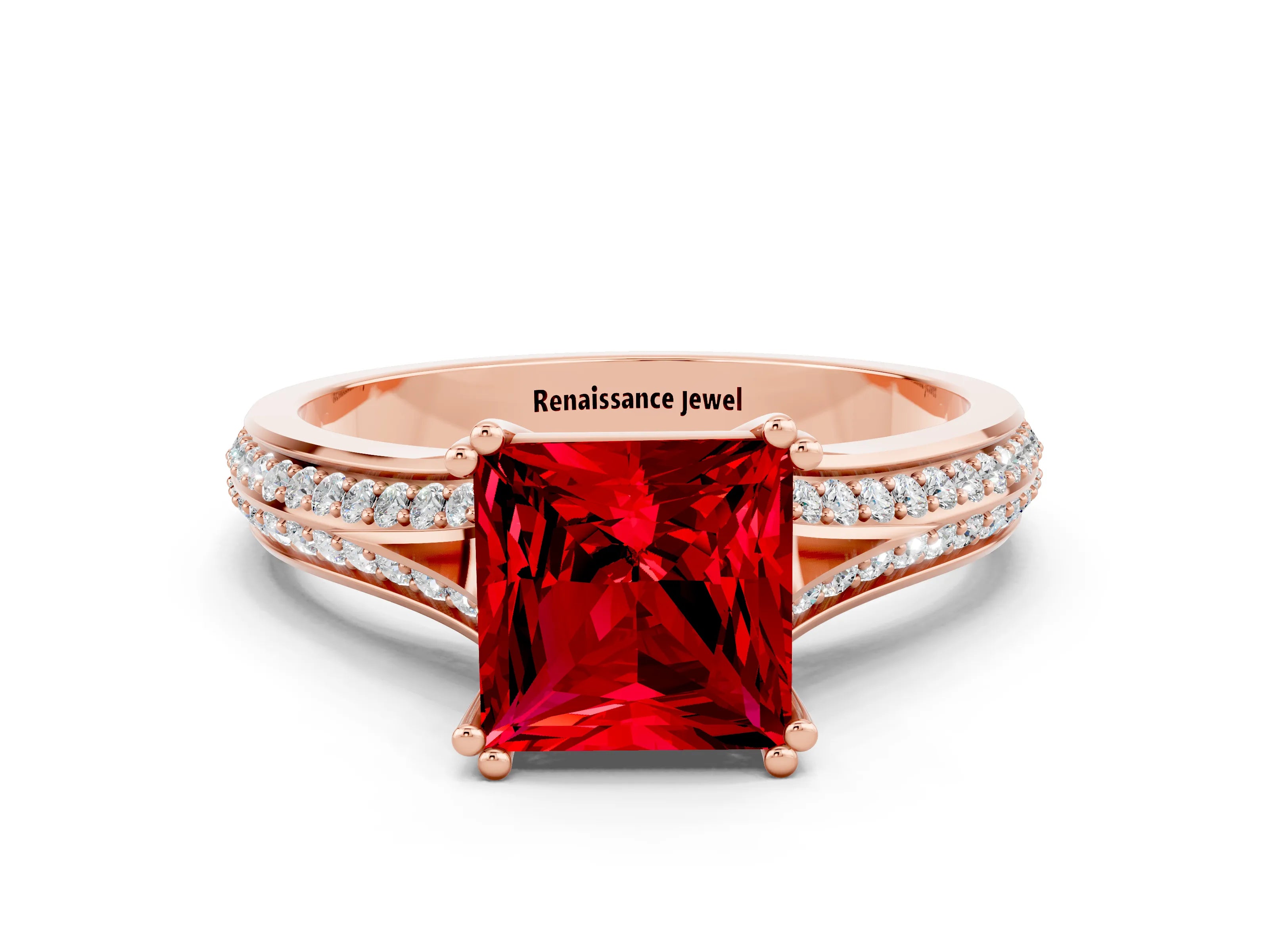 Rose gold Princess Cut Ruby Split Shank Engagement Ring with Pavé Band