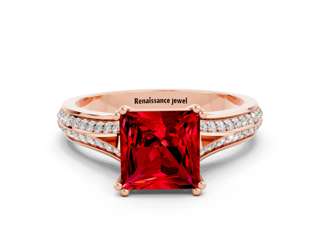 Rose gold Princess Cut Ruby Split Shank Engagement Ring with Pavé Band