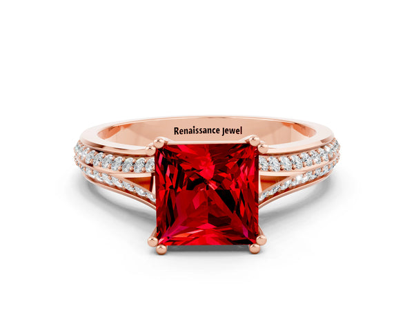 Rose gold Princess Cut Ruby Split Shank Engagement Ring with Pavé Band