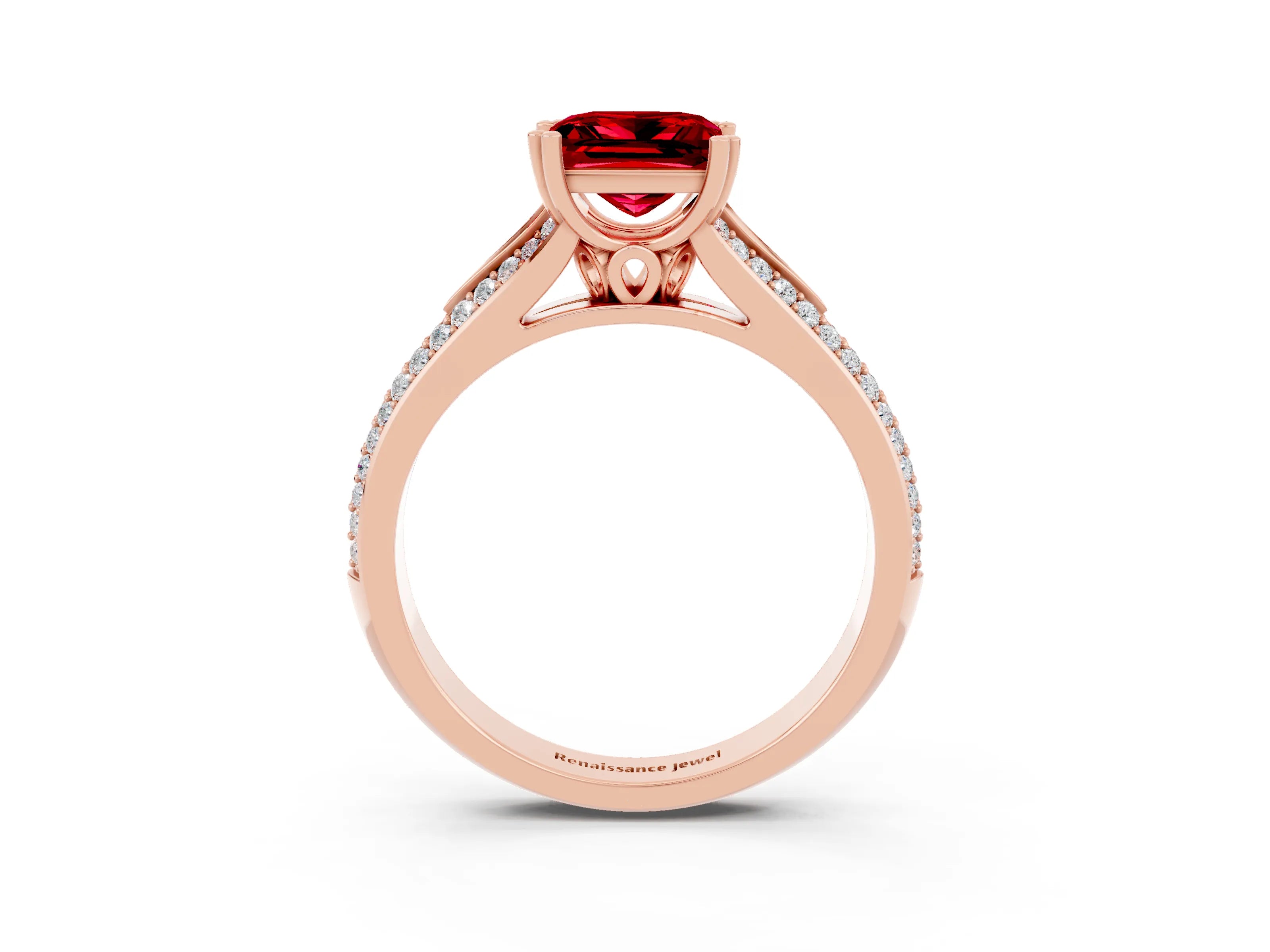 Rose gold Princess Cut Ruby Split Shank Engagement Ring with Pavé Band_3