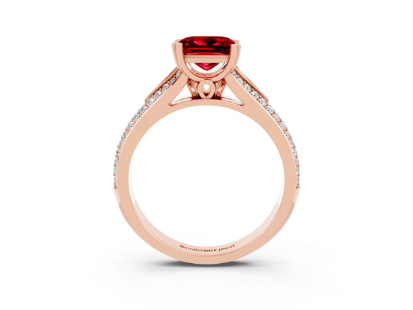 Rose gold Princess Cut Ruby Split Shank Engagement Ring with Pavé Band