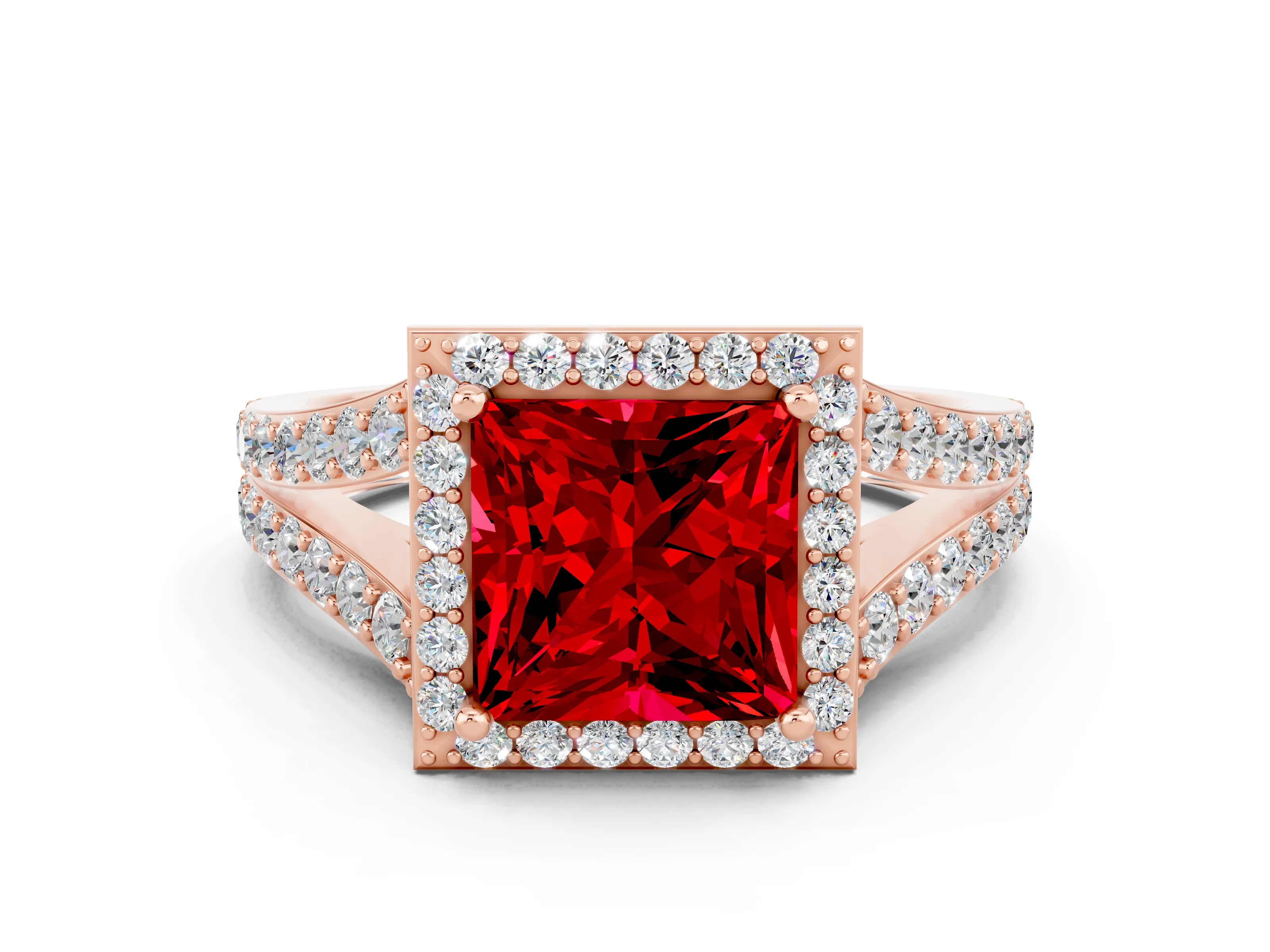 Rose gold Princess Cut Ruby Split Shank Halo Ring with Four-Prong Setting_12