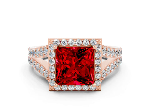Rose gold Princess Cut Ruby Split Shank Halo Ring with Four-Prong Setting_12