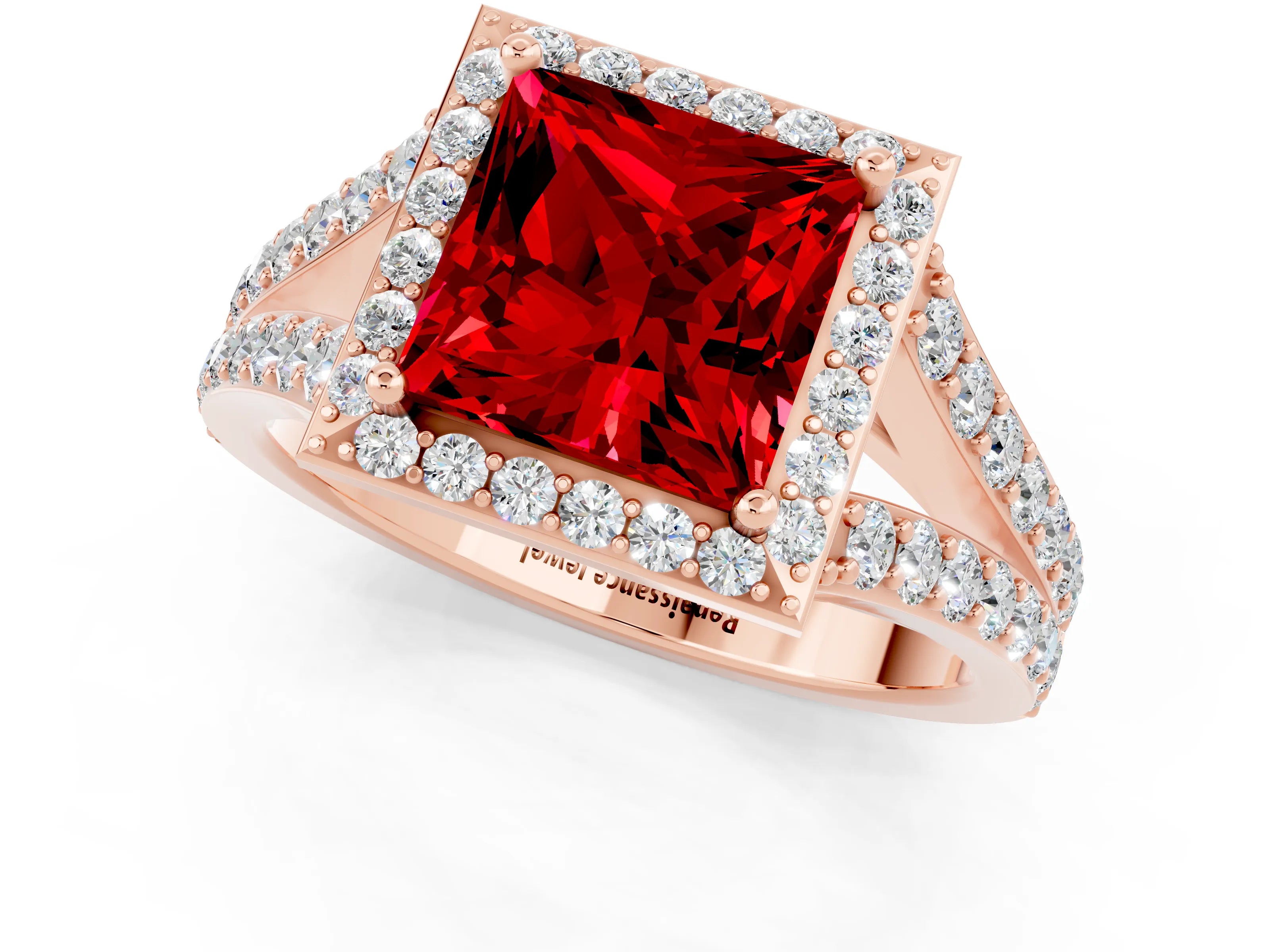 Rose gold Princess Cut Ruby Split Shank Halo Ring with Four-Prong Setting_13