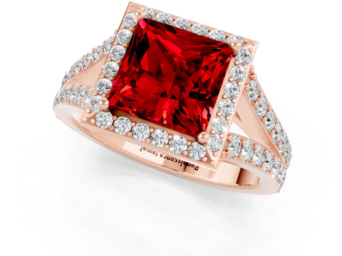 Rose gold Princess Cut Ruby Split Shank Halo Ring with Four-Prong Setting_13