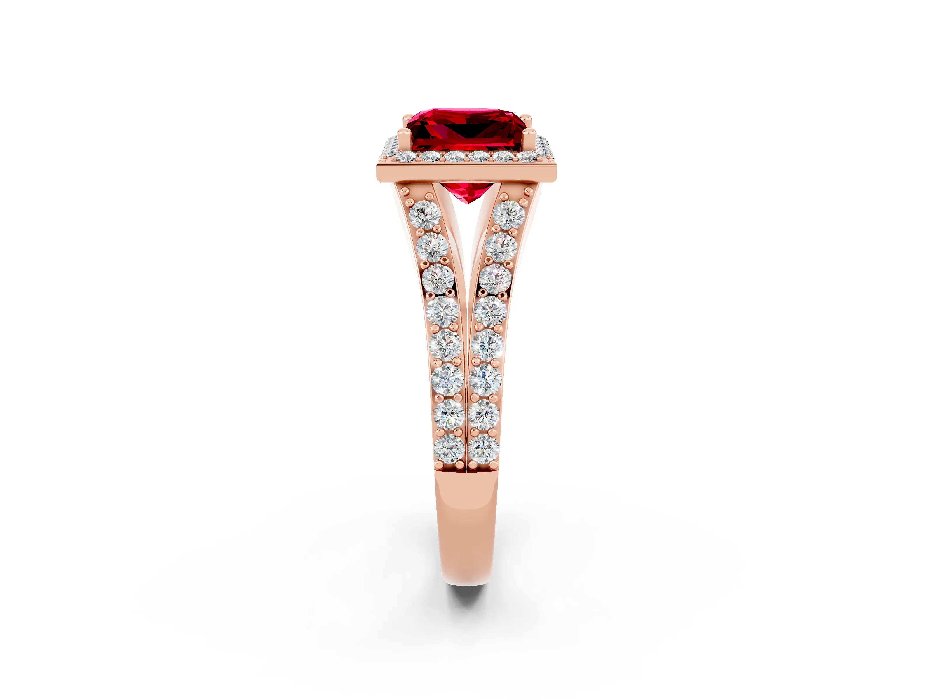 Rose gold Princess Cut Ruby Split Shank Halo Ring with Four-Prong Setting_14