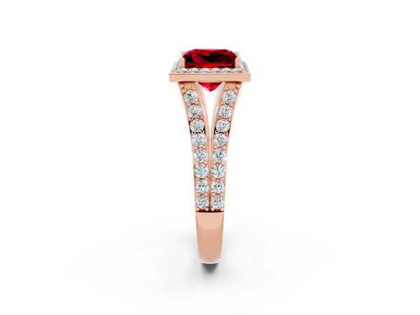Rose gold Princess Cut Ruby Split Shank Halo Ring with Four-Prong Setting