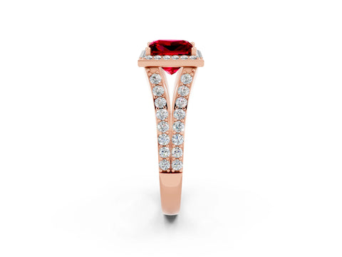 Rose gold Princess Cut Ruby Split Shank Halo Ring with Four-Prong Setting_14