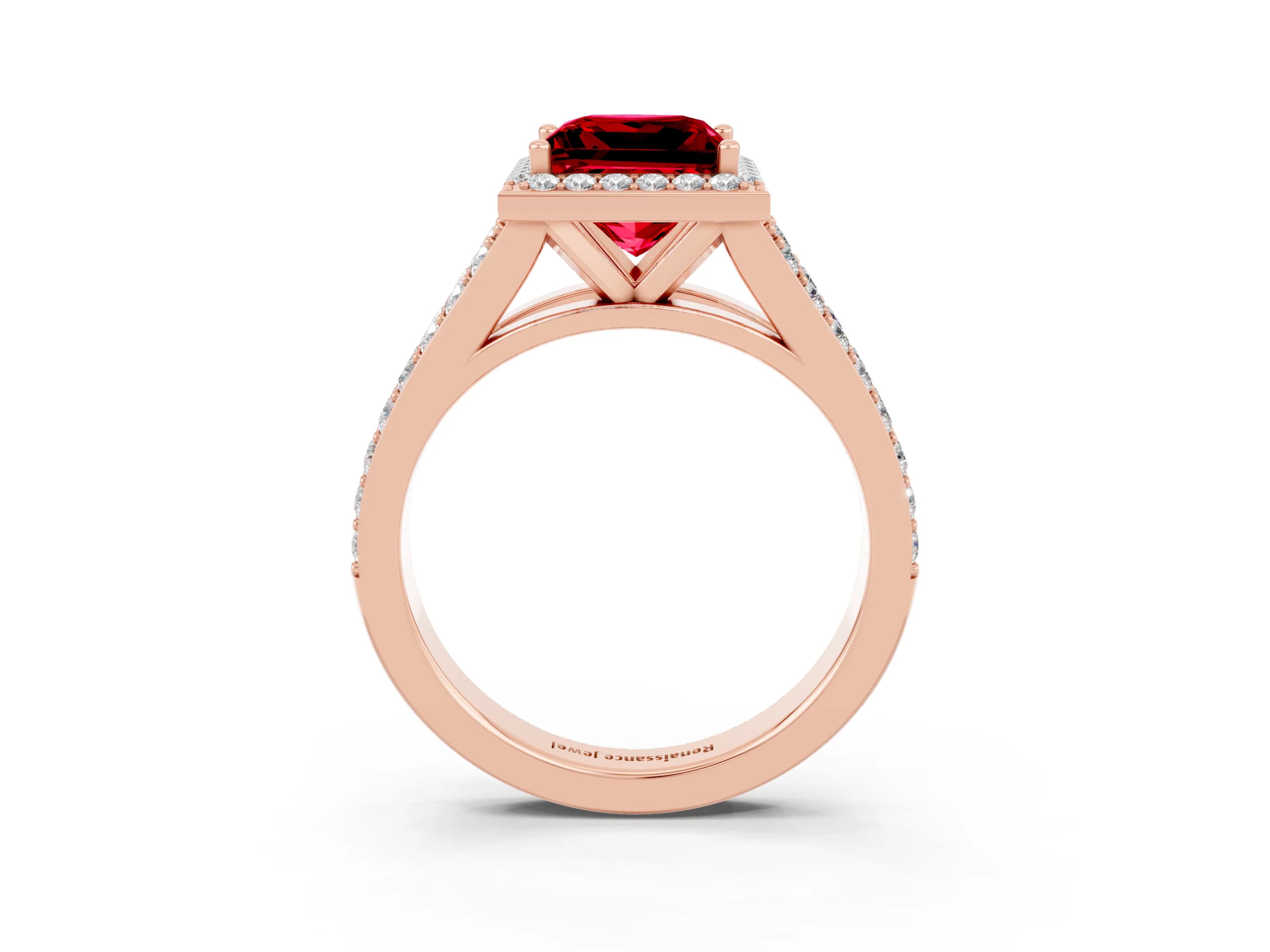 Rose gold Princess Cut Ruby Split Shank Halo Ring with Four-Prong Setting_15
