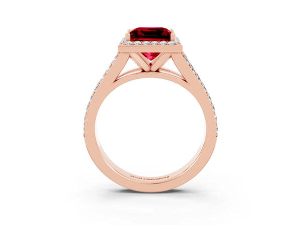 Rose gold Princess Cut Ruby Split Shank Halo Ring with Four-Prong Setting