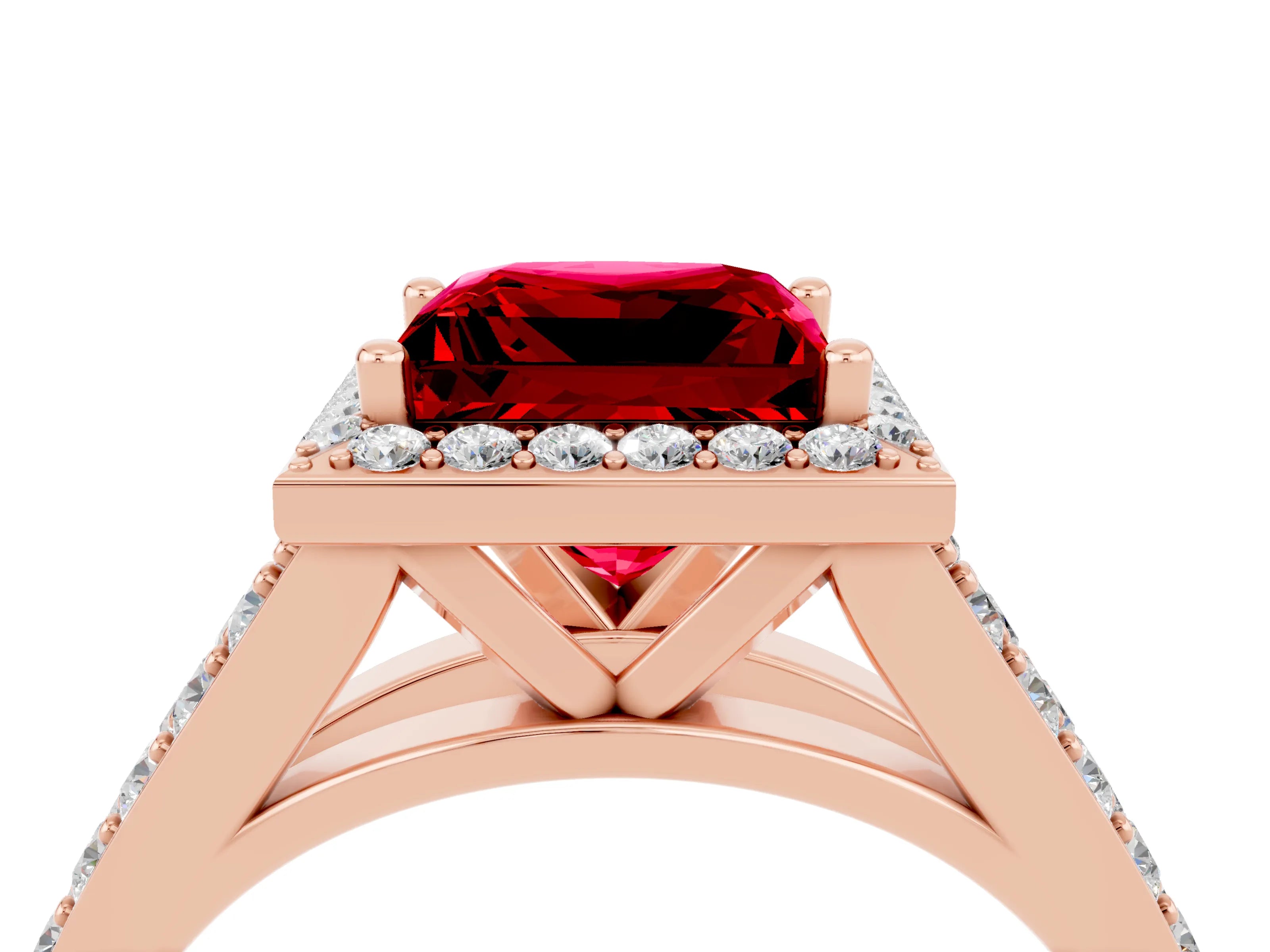 Rose gold Princess Cut Ruby Split Shank Halo Ring with Four-Prong Setting_16