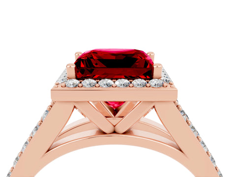 Rose gold Princess Cut Ruby Split Shank Halo Ring with Four-Prong Setting_16