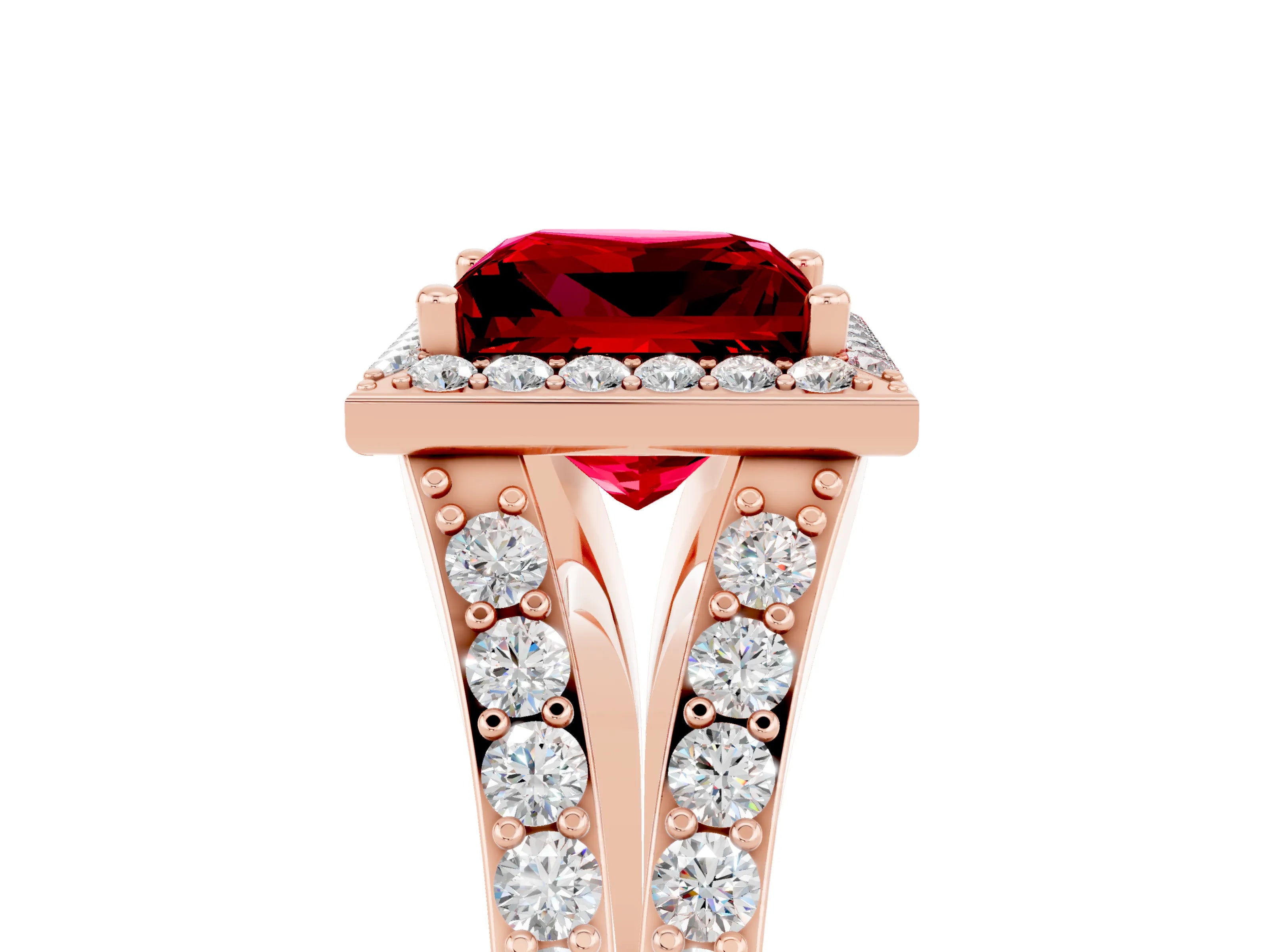 Rose gold Princess Cut Ruby Split Shank Halo Ring with Four-Prong Setting_17