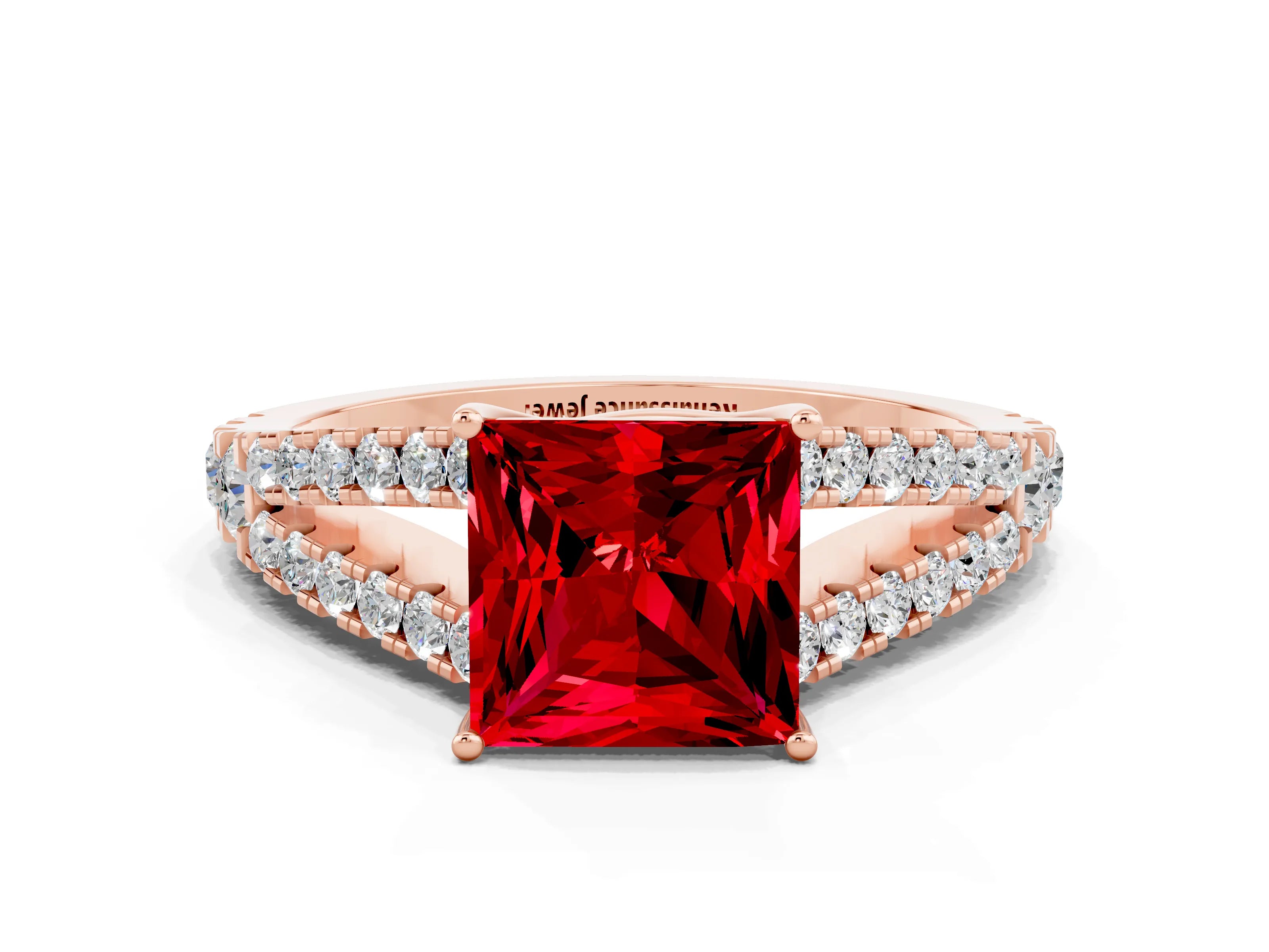 Rose gold Princess Cut Ruby Split Shank Pavé Engagement Ring with Four-Prong Setting_12