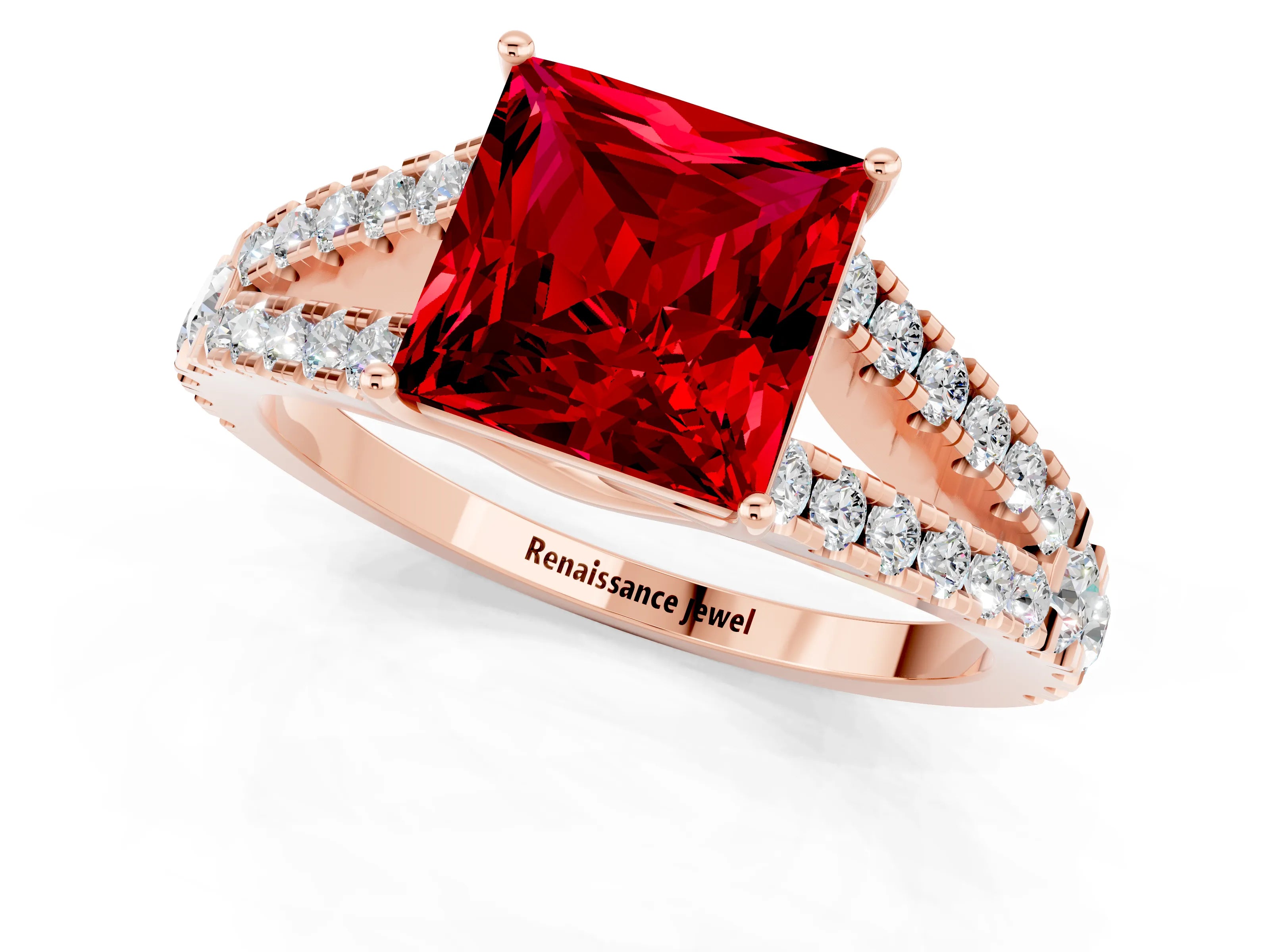 Rose gold Princess Cut Ruby Split Shank Pavé Engagement Ring with Four-Prong Setting_13