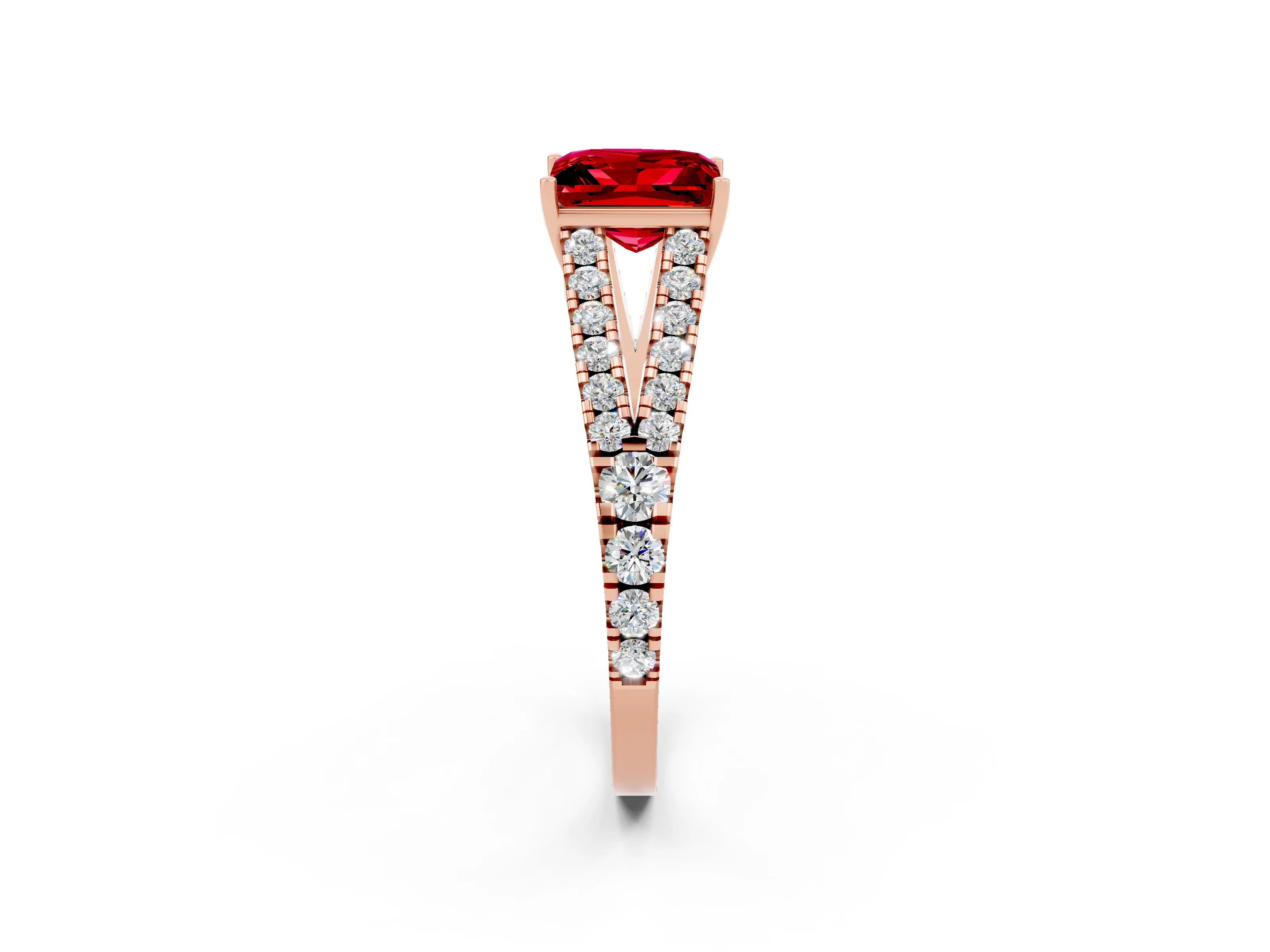 Rose gold Princess Cut Ruby Split Shank Pavé Engagement Ring with Four-Prong Setting_14