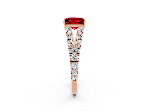 Rose gold Princess Cut Ruby Split Shank Pavé Engagement Ring with Four-Prong Setting