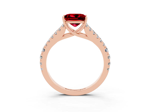 Rose gold Princess Cut Ruby Split Shank Pavé Engagement Ring with Four-Prong Setting