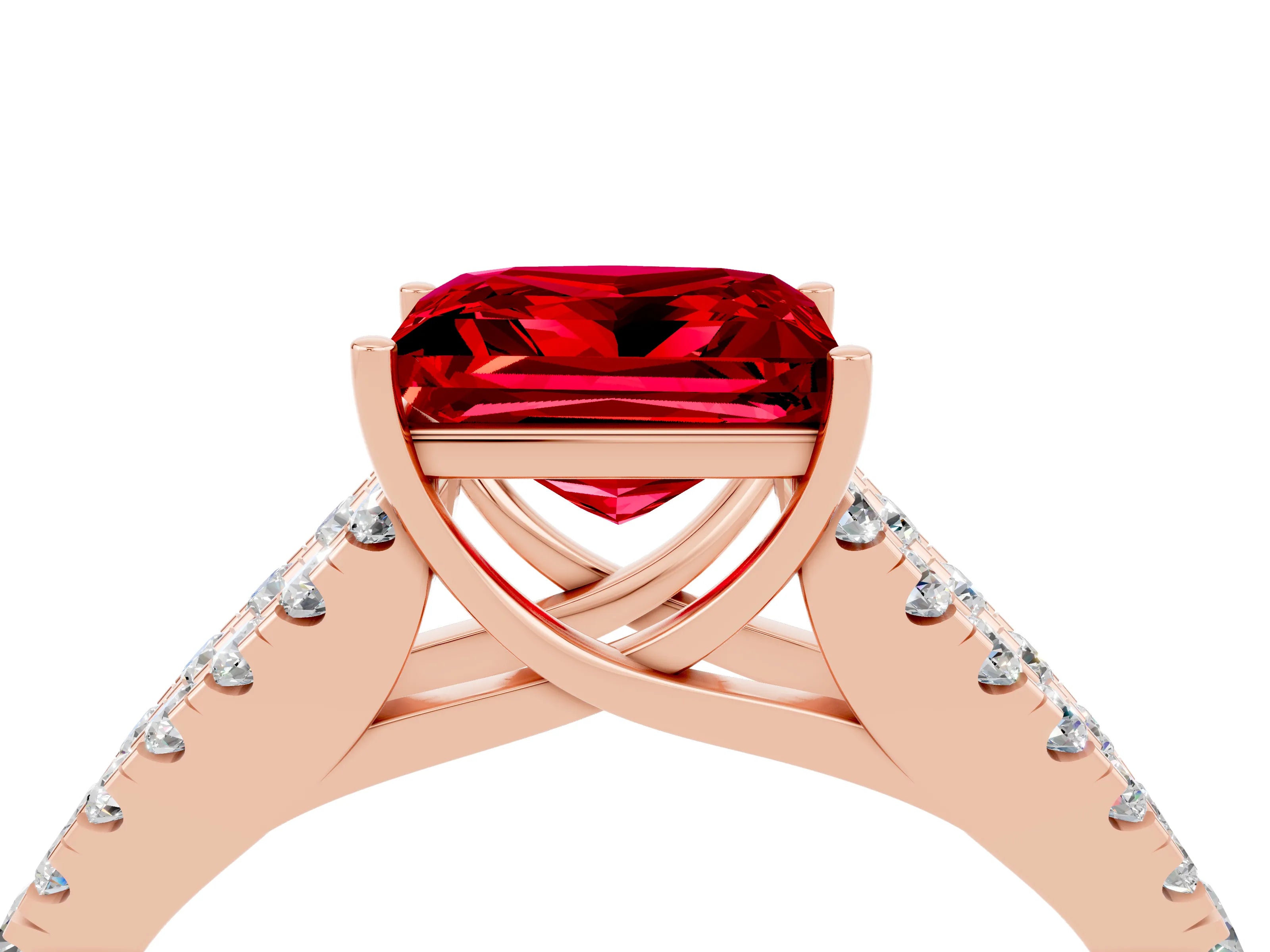 Rose gold Princess Cut Ruby Split Shank Pavé Engagement Ring with Four-Prong Setting_16