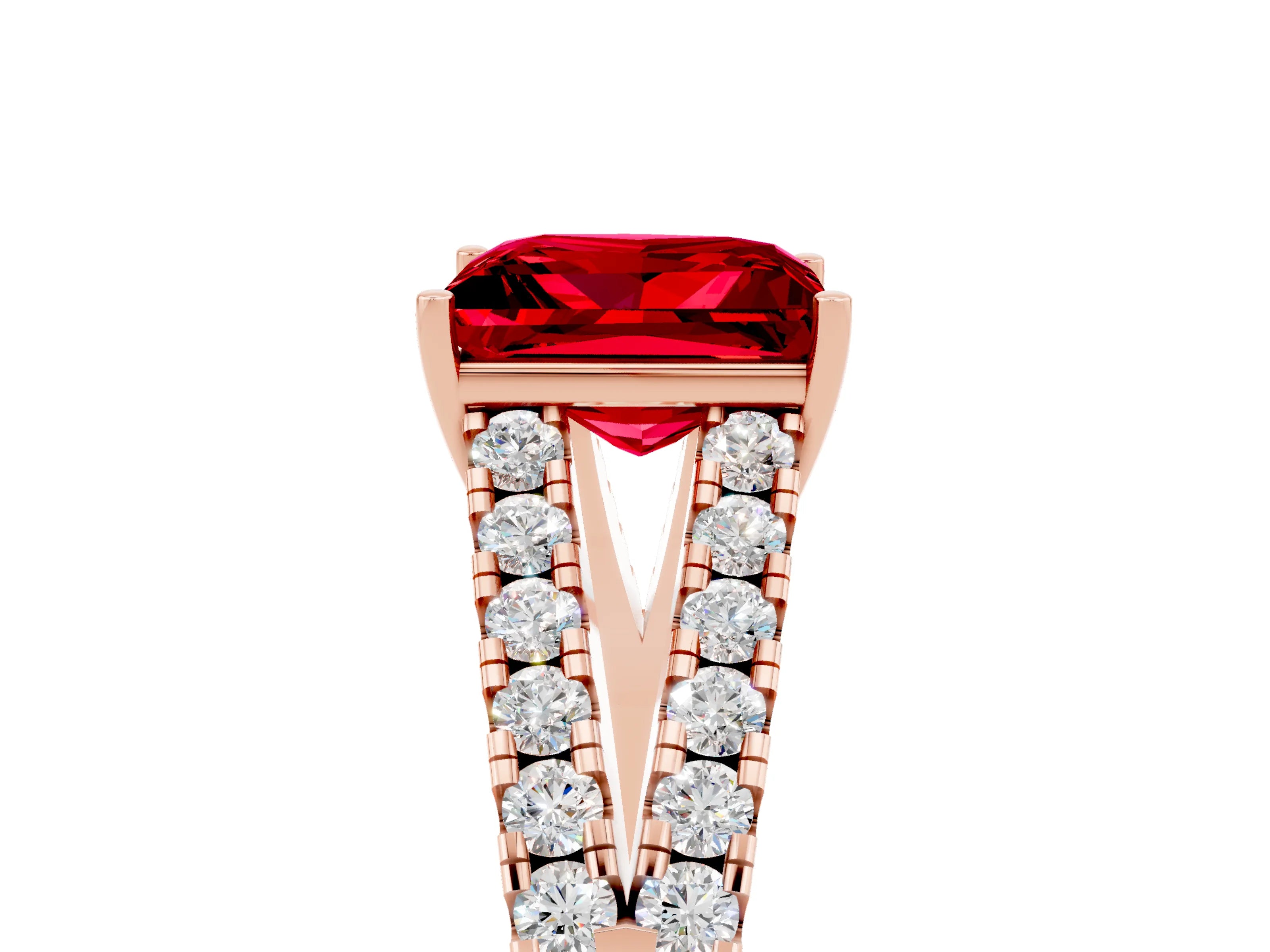 Rose gold Princess Cut Ruby Split Shank Pavé Engagement Ring with Four-Prong Setting_17