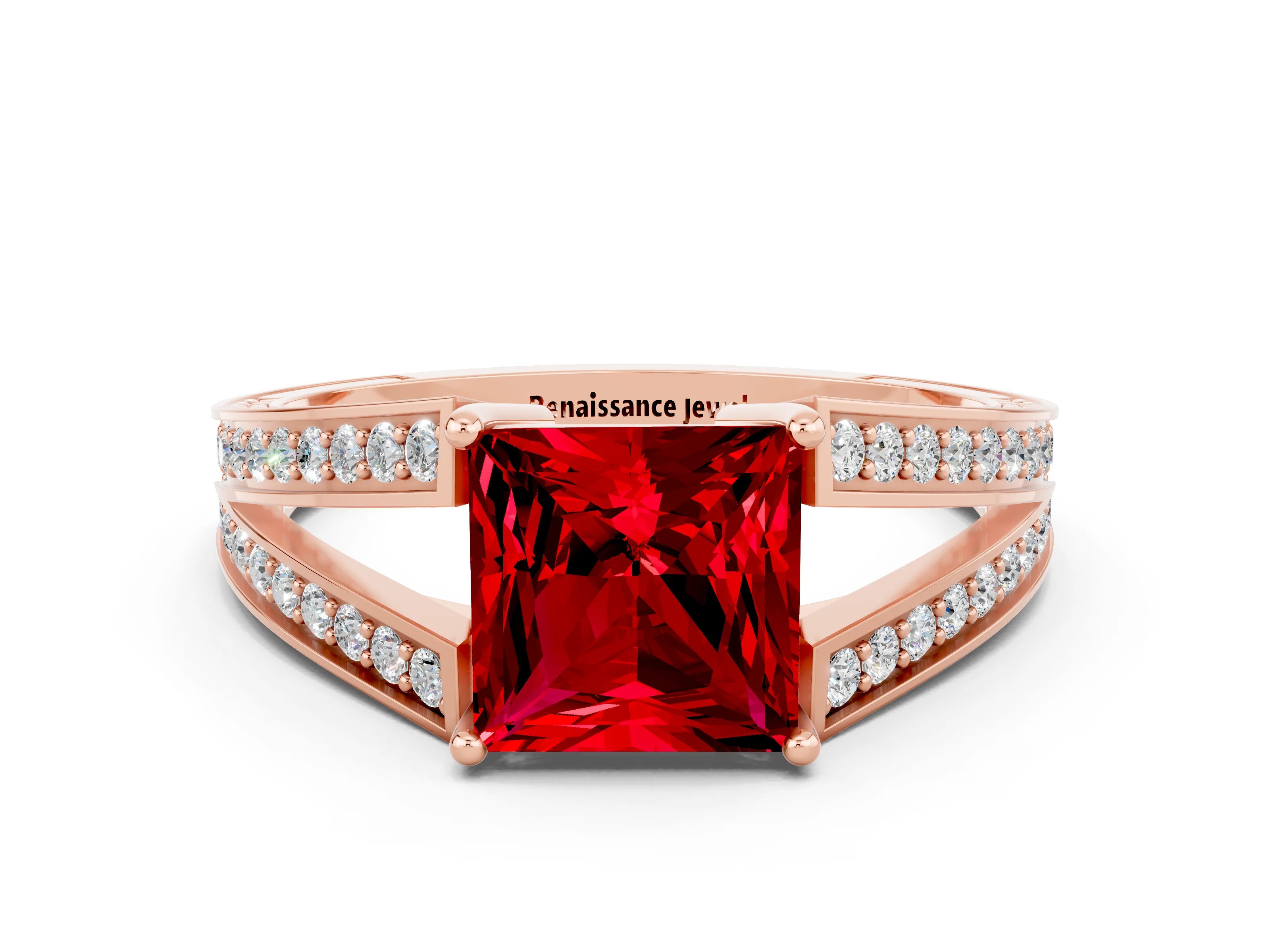 Rose gold Princess Cut Ruby Split Shank Ring with Pavé Band and Four-Prong Setting