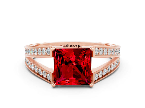 Rose gold Princess Cut Ruby Split Shank Ring with Pavé Band and Four-Prong Setting