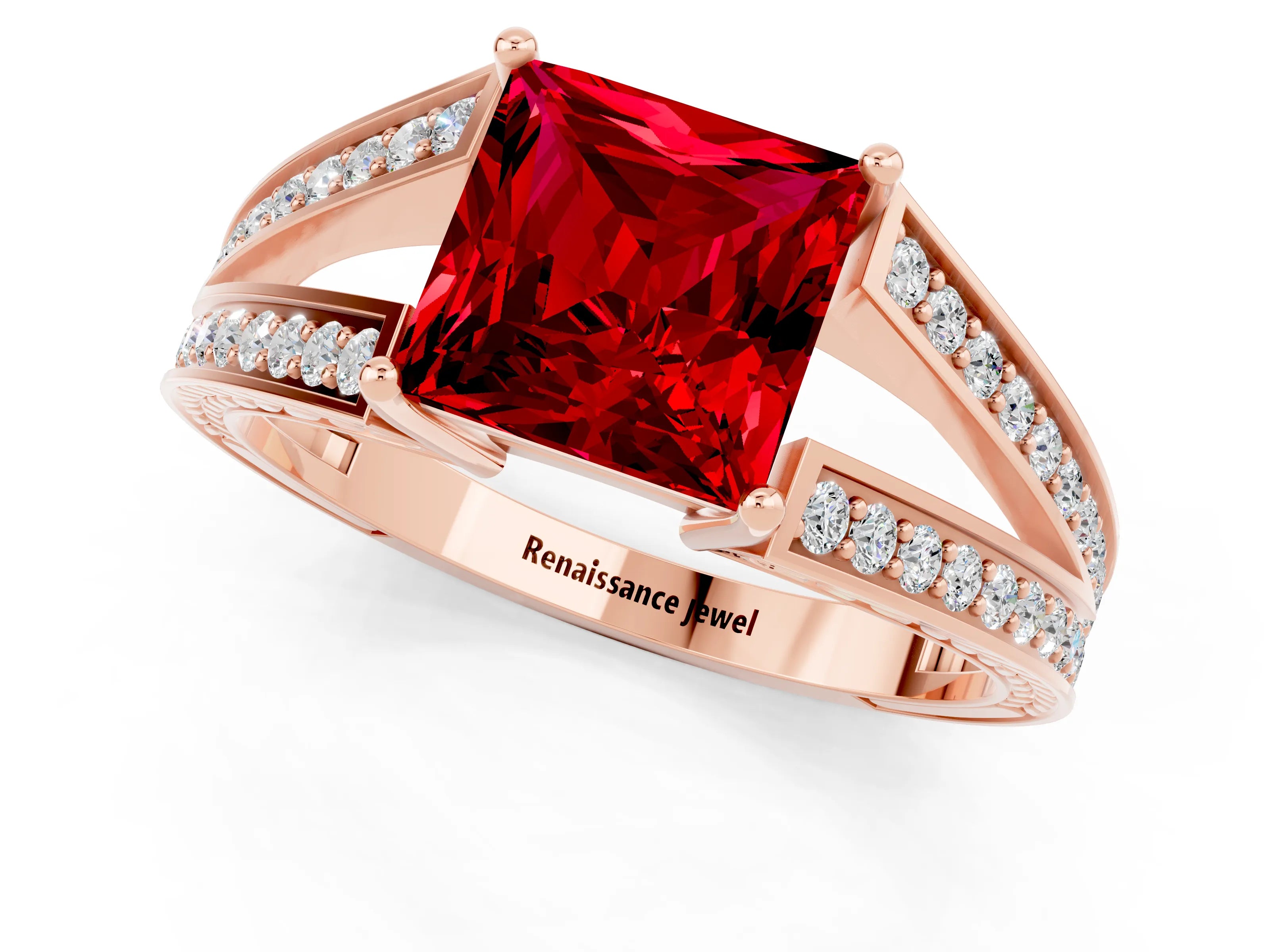 Rose gold Princess Cut Ruby Split Shank Ring with Pavé Band and Four-Prong Setting_1