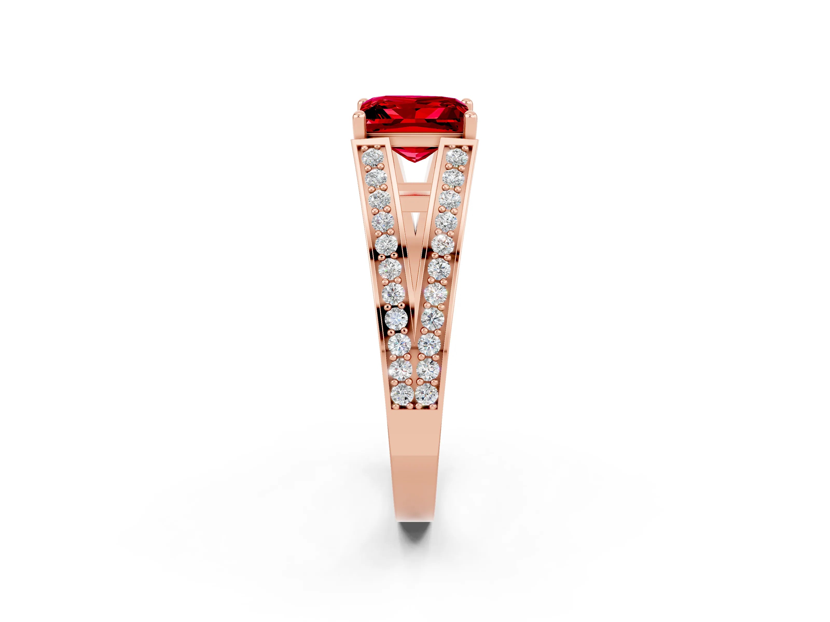 Rose gold Princess Cut Ruby Split Shank Ring with Pavé Band and Four-Prong Setting_2