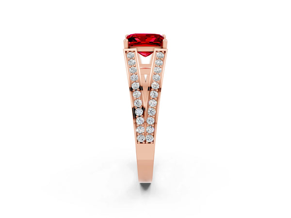 Rose gold Princess Cut Ruby Split Shank Ring with Pavé Band and Four-Prong Setting