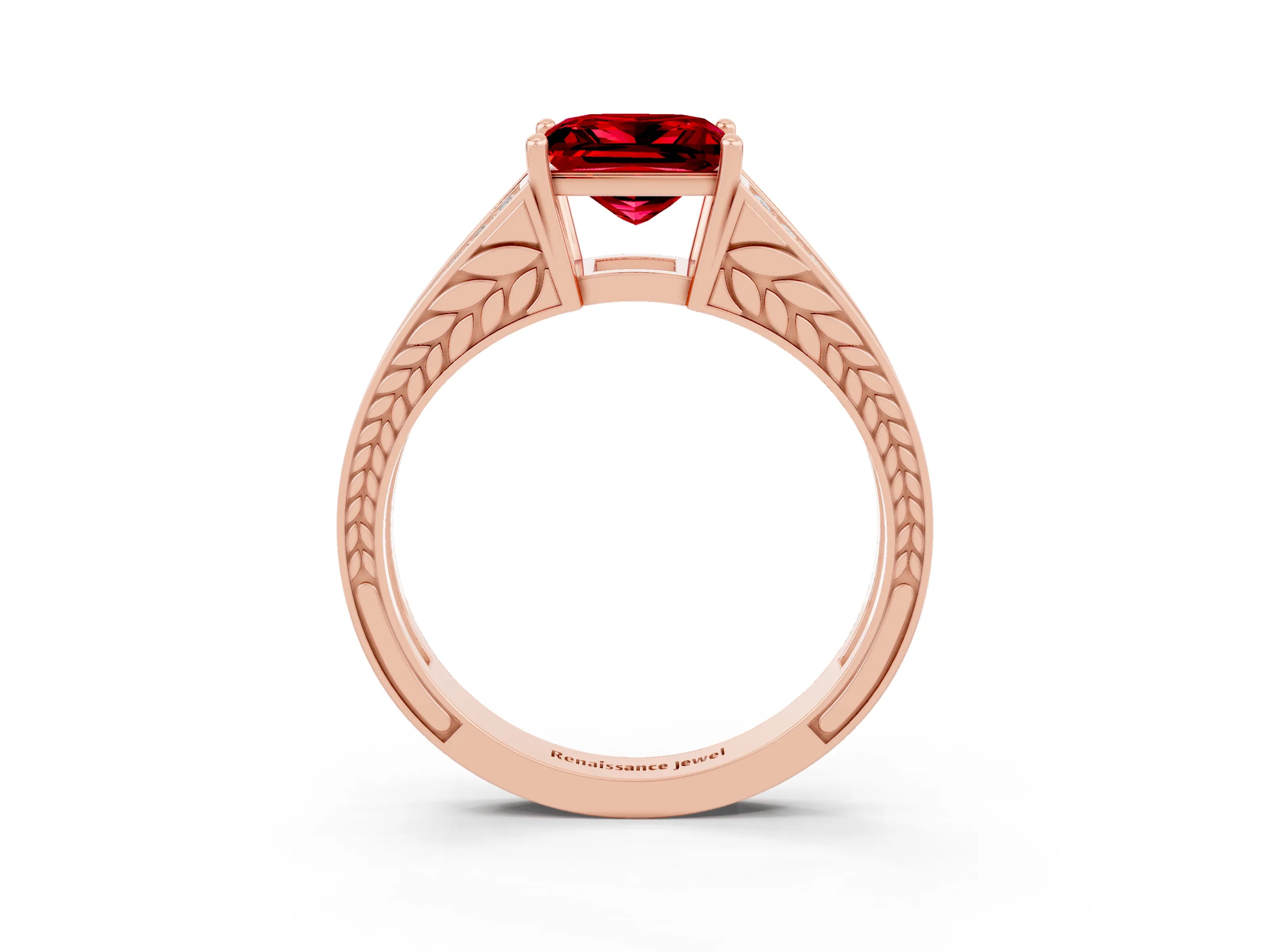 Rose gold Princess Cut Ruby Split Shank Ring with Pavé Band and Four-Prong Setting_3