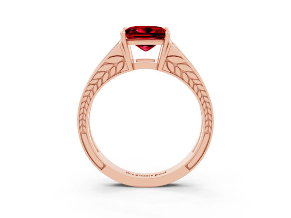 Rose gold Princess Cut Ruby Split Shank Ring with Pavé Band and Four-Prong Setting